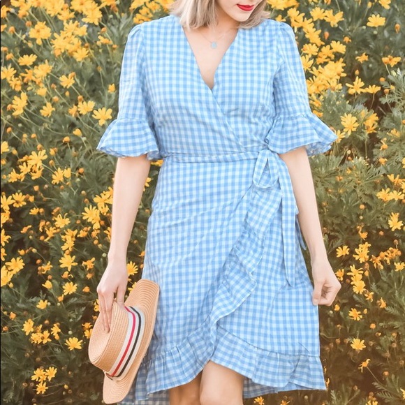 ⭐️Napa Valley Gingham Wrap Dress Powder Blue - Picture 2 of 7
